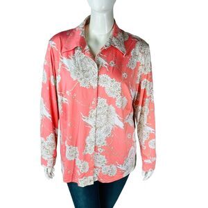 Collection Womans Sz 2X Blouse Coral White Button Front Long Sleeve Stretch